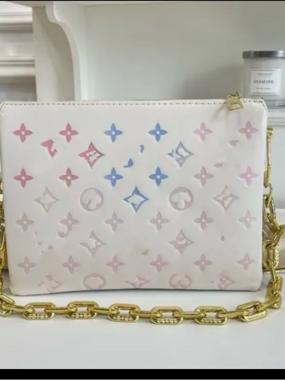 White Crossbody Pouch with Pastel Monogram Accents and Gold Chain